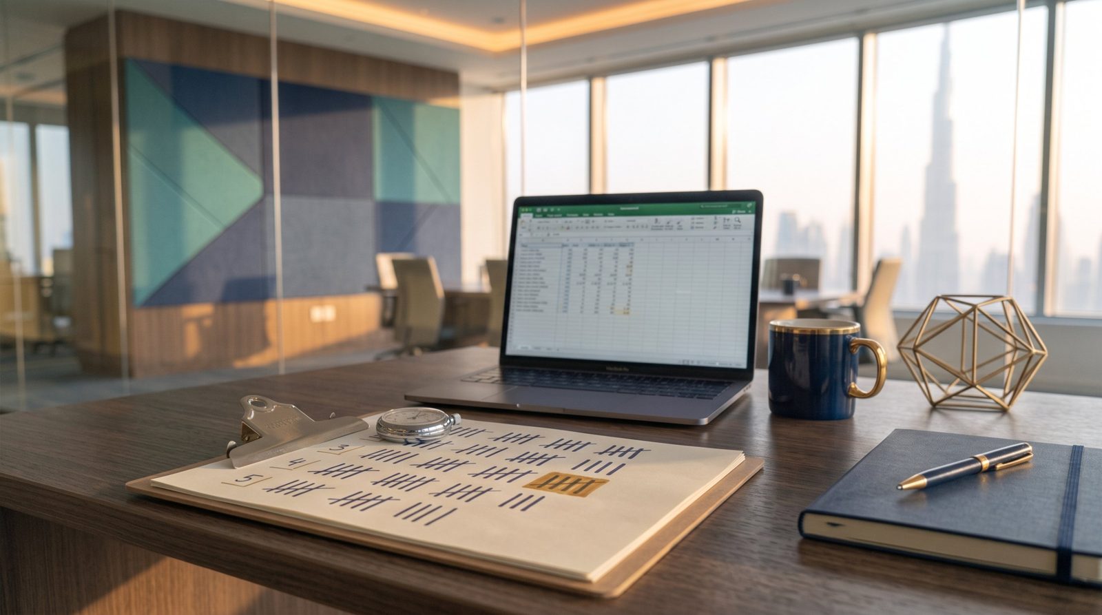 A clipboard with a hand-drawn tally chart and a stopwatch beside a laptop spreadsheet