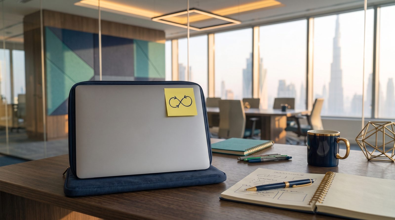 A laptop with a sticky note showing a hand-drawn loop